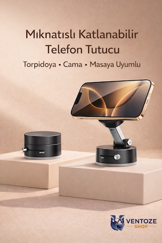 Katlanabilir Mıknatıslı Araç Telefon Tutucu Torpido Ve Cam Uyumlu 360 Derece Hareketli Akrilik Siyah
