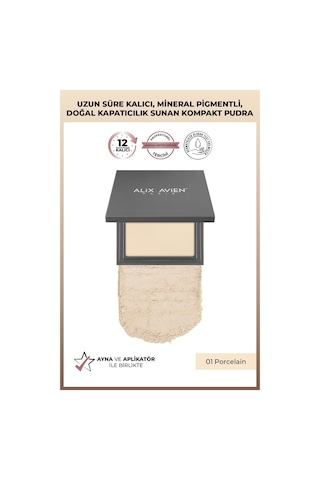 Alix Avien Kompakt Pudra 12 Saate Kadar Kalıcılık Soğuk Cilt Alt Tonu Compact Powder 01 Porcelain