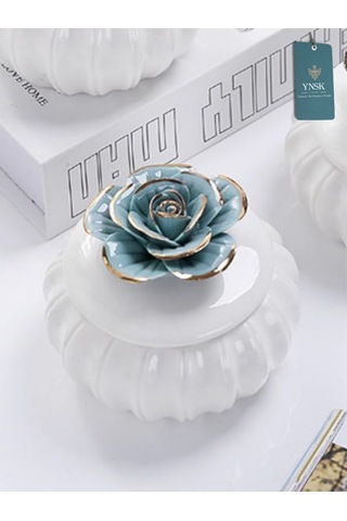 Flowers Kapaklı Çiçekli Dekoratif Seramik Saklama Kutusu / Takı Kutusu