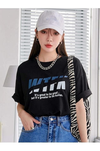Wtfk T-shirt - Siyah Baskılı Oversize Bisiklet Yaka Kısa Kol Siyah