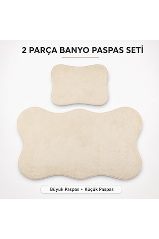 2 Li Banyo Paspası Halısı Seti Kaymaz Tabanlı Yıkanabilir Klozet Takımı Krem