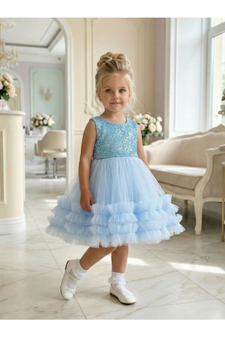 Butikhappykids Kız Çocuk Mavi Payetli Volanlı Tüllü Prenses Abiye Elbise 1-6 Yaş Mavi