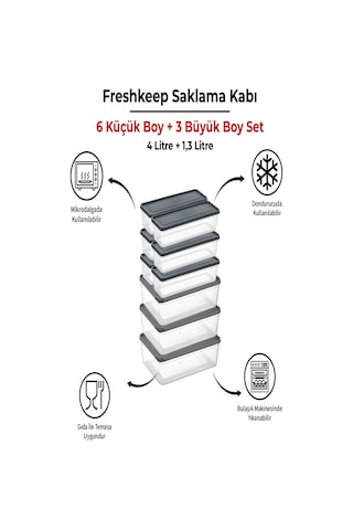 9 Adet Saklama Kabı 3 Büyük-6 Orta Boy 4 Litre + 1,3 Litre Derin Dondurucu Mikrodalga Uyumlu Gri