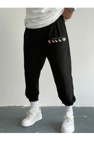 Moon Eclipse Eşofman Altı Jogger - Siyah Baskılı Lastik Paça Yüksel Bel Siyah