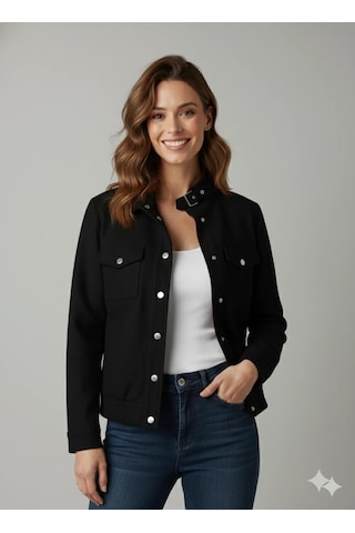 Kadın Taba Zarif Kısa Ceket Toka Detaylı Dik Yaka Cepli Süet/kaşe Baharlık Ceket Siyah