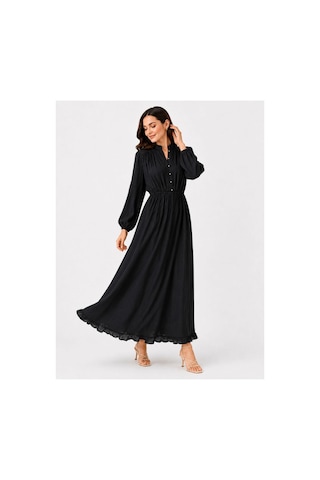 Hira Life Fashion Kadın Çilek Kumaş Ve Önü Düğmeli Eteği Fırfırlı Hakim Yaka Elbise Siyah Siyah