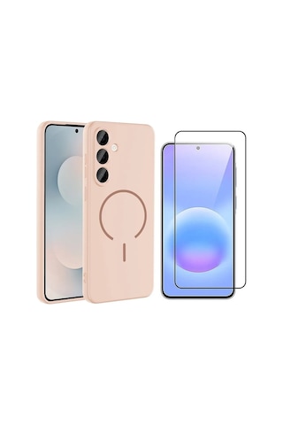 Vendas Samsung Galaxy Uyumlu S26 Fe Kılıf M-safe Şarj Özellikli Zore Meta Kapak + 9h Cam Ekran Koruyucu Rose Pembe