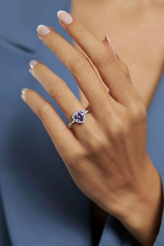 925 Ayar Ametist Taşlı Rodyum Pırlanta Işıltılı Kalp Ayarlanabilir Gümüş Yüzük Rr10030 Gümüş