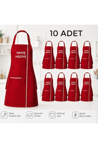 10 Adet Mutfak Önlüğü Kırmızı Unisex Nakış Ayarlanabilir Boyun Askılı Cepli Önlük