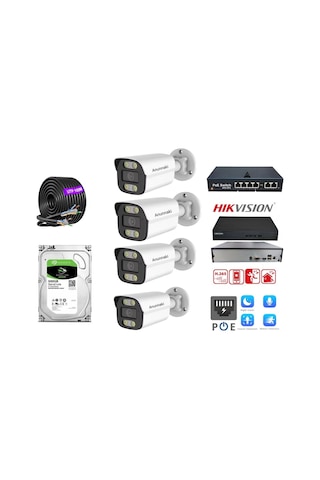 4 Lü 5mp Ip Kamera Seti Poe Hikvision Nvr İç/dış Mekan Gece Görüş Ses Kayıt Mobil İzleme 500gb Hdd