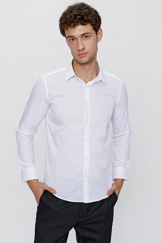 İmza Beyaz Uzun Kol Düz Bez Ayağı 041 Sert Yaka Basic Slim Fit Gömlek 1004245057 Beyaz