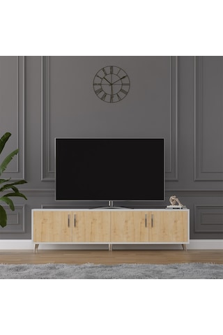 Asra Trend Tv Ünitesi T-02 %100 MDF 160 cm Tv Sehpası 4 Kapaklı Raflı Beyaz-Safir Meşe
