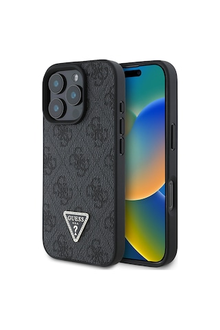 Apple Uyumlu iPhone 16 Pro Max Kılıf Guess Lisanslı Pu Deri Taşlı Üçgen Logo 4g Desenli Strass Kapak Siyah