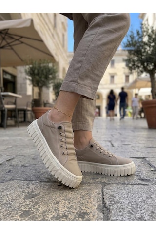 Gamelu Vıgor Kadın Lastikli Memory Foam Kalın Taban Keten Sneaker Ayakkabı Bej