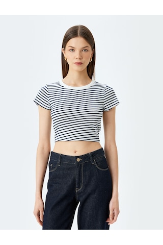 Koton Crop Bisiklet Yaka Kısa Kollu Slim Fit Tişört Lacivert Çizgili 5sal10192ık 7s2 Çok Renkli