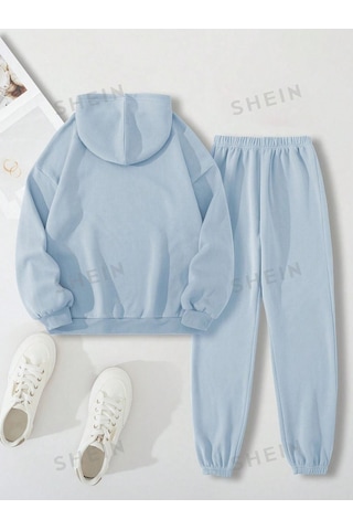 Basic Düz Eşofman Takımı Sweatshirt Jogger - Bebe Mavi Oversize Şardonlu Kapüşonlu Bej