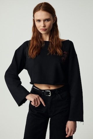Ethıquet CARIBOU Kadın Asimetrik Yakalı Şardonsuz Tek Omzu Açık Baskılı Siyah Sweatshirt