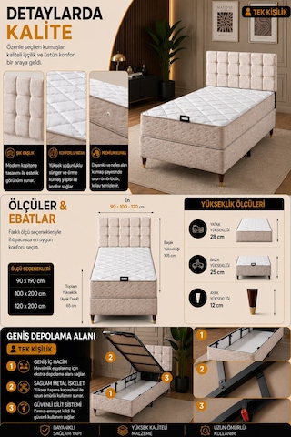Bengü Krem Tek Kişilik Sandıklı Baza Yatak Başlık Seti 3'lü Set Depolama Alanlı Dayanıklı Kullanışlı 100 x 200