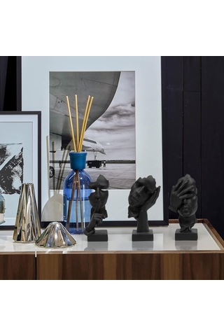 Tenfowee Koyu Siyah Modern Sanat Figürü Seti - Sessizlik, Görmememe, Düşünme Temalı Resin Heykel Dekor 3 Parça
