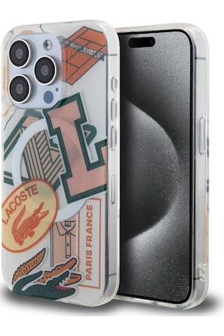 Apple Uyumlu iPhone 15 Pro Kılıf Lacoste Lisanslı Magsafe Şarj Özellikli Yamalar Desenli Turuncu