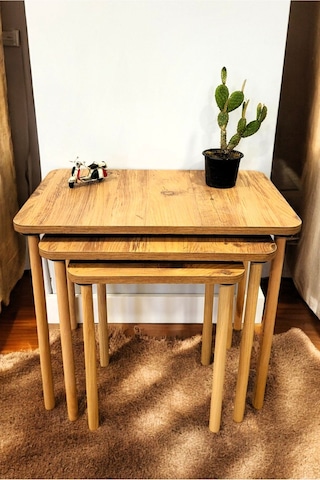 Doğal Ahşap Ayaklı 3'lü Zigon Sehpa Seti Çam