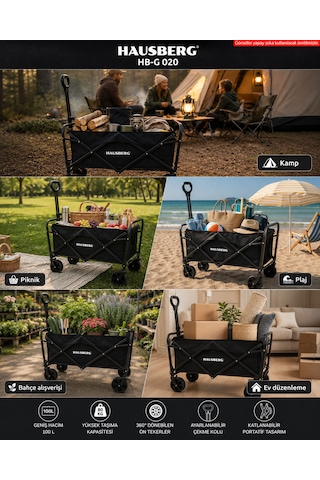 Hausberg Camping Katlanır Kamp Arabası 360 Dönen Kalın Tekerlekli Katlanabilir Vagon, Su Geçirmez Plaj / Pazar / Piknik / Bahçe Taşıma Arabası Siyah Hb-g 020