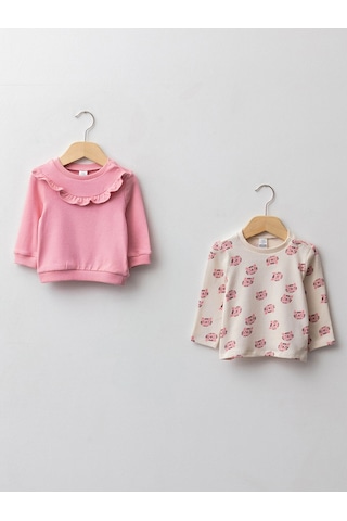 LC Waikiki Lcw Baby Pembe Bisiklet Yaka Uzun Kollu Kız Bebek Sweatshirt 2'li Pınk