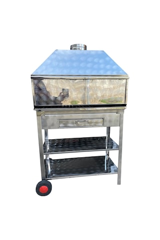 Paslanmaz Kömürlü Mangal 40 X 80 Cm Bacalı Barbekü Çekmeceli Tekerlekli Gri