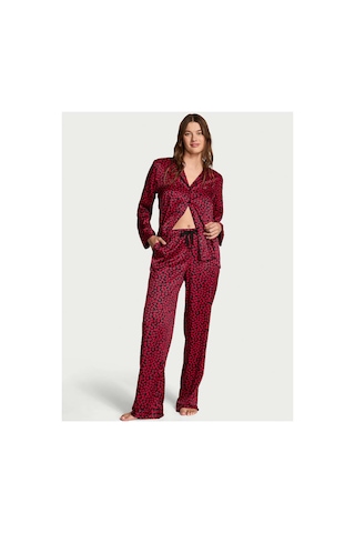 Victoria's Secret Parlak Saten Uzun Pijama Takımı Siyah Kırmızı Kalpli