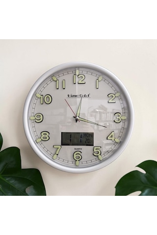 Fosforlu Termometreli Isı Ölçer Dijitalli Kabartma Rakam Çap 28 Cm Beyaz Duvar Saati