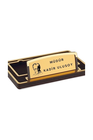 Kişiye Özel Atatürk Silüetli Ahşap Gold Masa İsimliği - Müdüre, Yöneticiye Ofis Hediyesi Lüks İsimlik Kahverengi