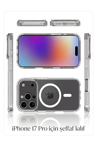 Apple iPhone Uyumlu 17 Pro Magsafe Özellikli Şeffaf Iq Silikon Kılıf Şeffaf