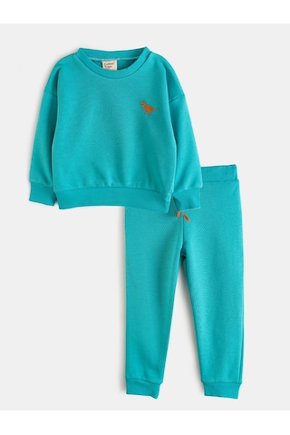 Aysbebe Dinazor Nakışlı Kışlık Çocuk Takım Unisex 2 İplik Aqua