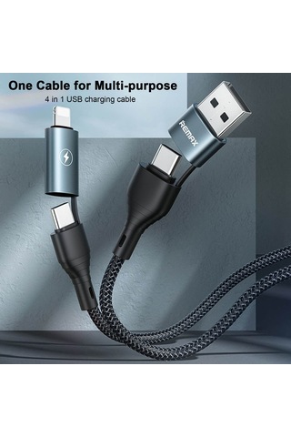 Yifomall Remax Rc-011 Dörtlü Usb Kablosu: Hızlı Şarj 3a , 480mbps Aktarım, Gümüş İp Örgü, Esnek Uzunluk, Çoklu Port Type-c/lightning , Siyah