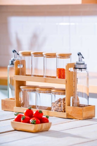 Acar Malibu Bambu Standlı 9 Lu Boroslikat Cam Baharatlık Seti Şeffaf