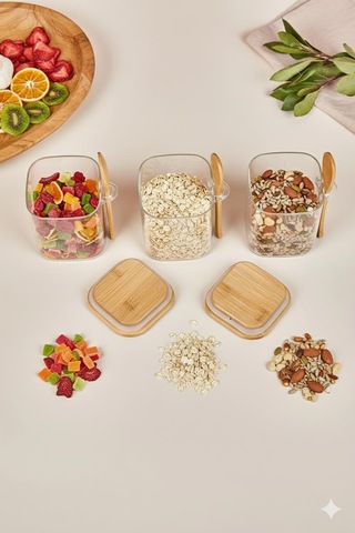 3 Lü Kaşıklı Cam Kavanoz Seti Baharatlık Saklama Kavanozu 450 Ml Şeffaf