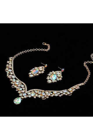 Yeşil 1 Takım Gelin Küpe Kolye Su Damlası Şeklinde Rhinestones Takı Geometrik Ayarlanabilir Takı Seti Düğün İçin Yeşil