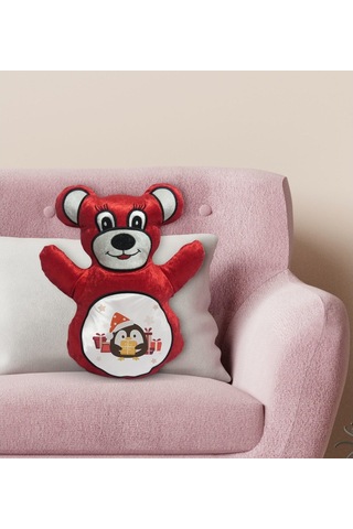 Bk Gift Sevimli Penguen Tasarımlı Kırmızı Ayıcık Yastık-1