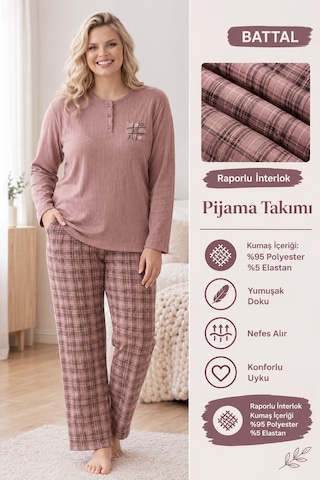 Boyraz Lindros Kadın Düğme Yaka Raporlu İnterlok Kışlık Battal Pijama Takımı 02770 - 1 Adet Vizon