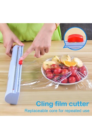 Kaydırmalı Kesicili Plastik Film Kesici, Yeniden Kullanılabilir Folyo Ve Plastik Film Kesici, Mutfak Depolama Mavi -