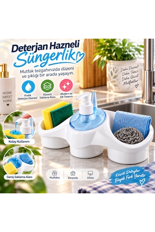 Deterjan Hazneli Süngerlik Mutfak Lavabo Düzenleyici 3 Bölmeli