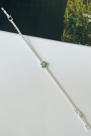 Allmisse Gümüş Kaplama Zirkon Taşlı Yeşil Çiçek Detaylı Su Yolu Bileklik - Silver Çok Renkli