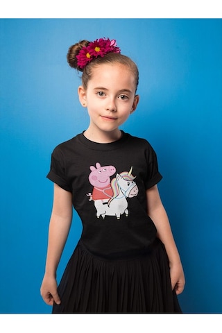 Sevbano Peppa Pig Unicorn Baskılı Unisex Çizgi Film Çocuk Tişört 1-12 Ya Siyah
