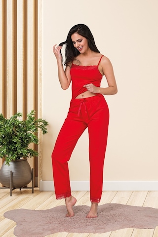 Kadın Kırmızı Renkli Pamuklu Likralı Askılı Dantel Detaylı Pijama Takımı 28451 Kırmızı