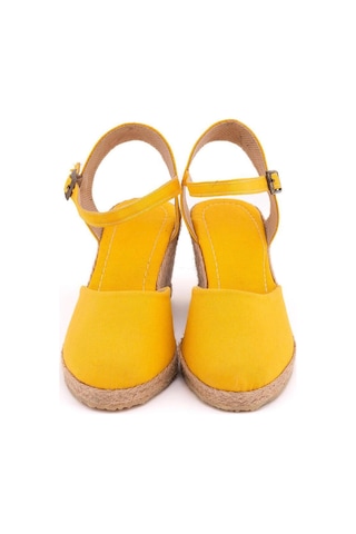 Star Tombis Gerçek Elişi Topuğu Açık Bilekten Bantlı Dolgu Topuk Keten Hasır Espadril Handmade Sarı