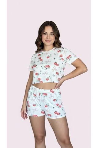 Merlot T-shirt Şort Örme Pijama Takımı Beyaz