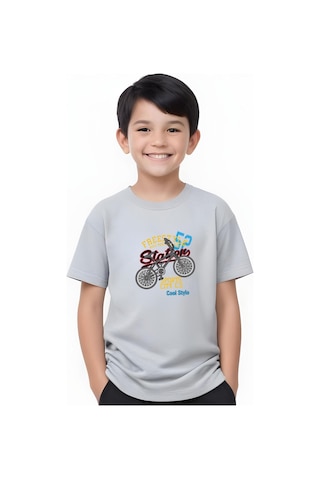 Fyk Kids Erkek Çocuk Yuvarlak Yaka Bisiklet 52 Erkek Baskılı T-shirt Gri