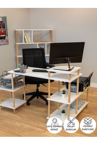 Çalışma Masası 5 Raflı Ahşap Ayaklı Dekoratif Modern Bilgisayar Ofis Masası - Beyaz - Köşe