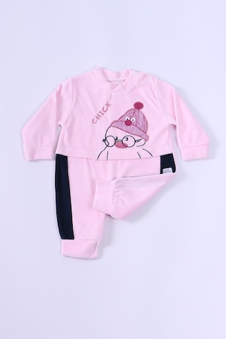 Hçm Bebek Kadife Tulum Uzun Kollu Çıtçıtlı Baskılı D5 Toz Pembe