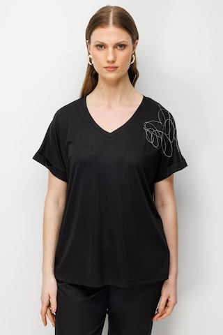 On Kadın Büyük Beden Tek Omzu Zincirli V Yaka T-shirt 71368 Siyah